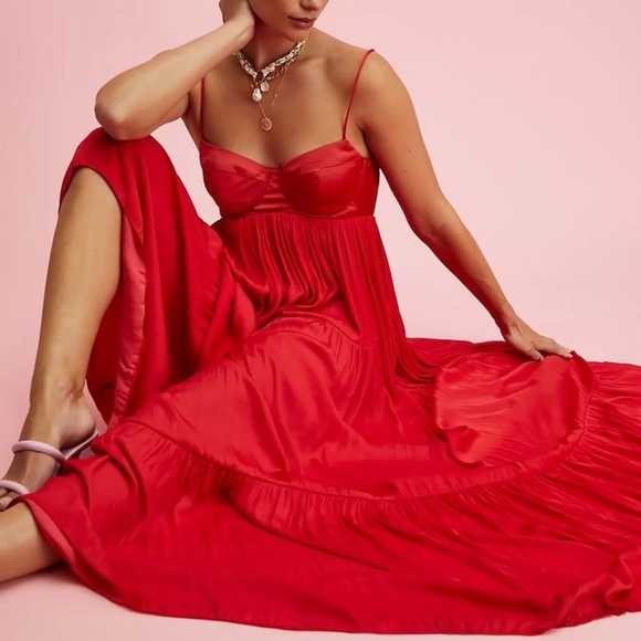 Free People Dresses & Skirts - Free People Freya Silky Satin Romantic Evening Gown Tiered Maxi Dress